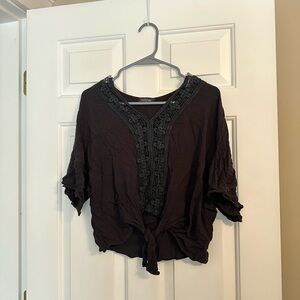 Eclipse Black V-Neck Lace-Trim Tie-Front Women's Blouse